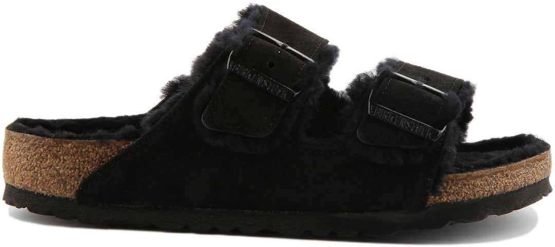 Birkenstock Arizona Shearling Sandale en daim à double lanière poure en noir