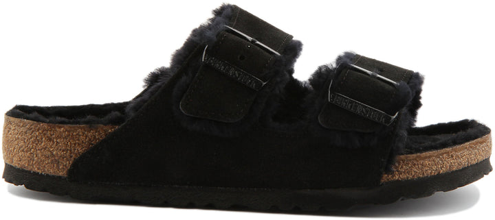 Birkenstock Arizona Shearling Sandale en daim à double lanière poure en noir