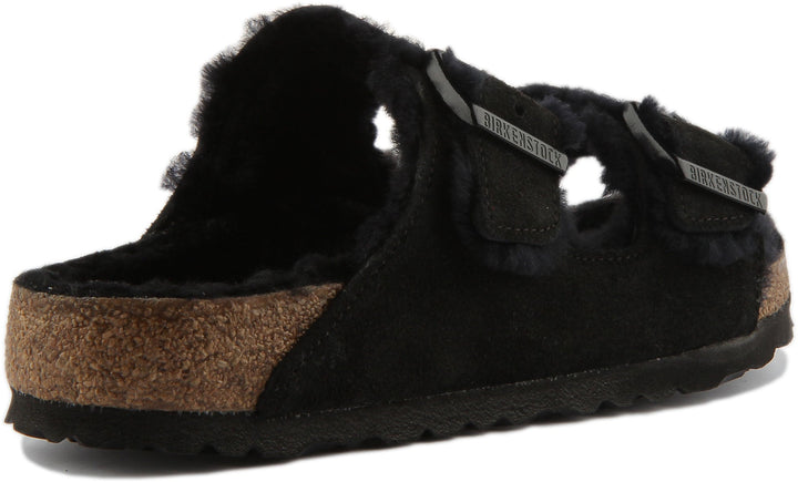 Birkenstock Arizona Shearling Sandale en daim à double lanière poure en noir