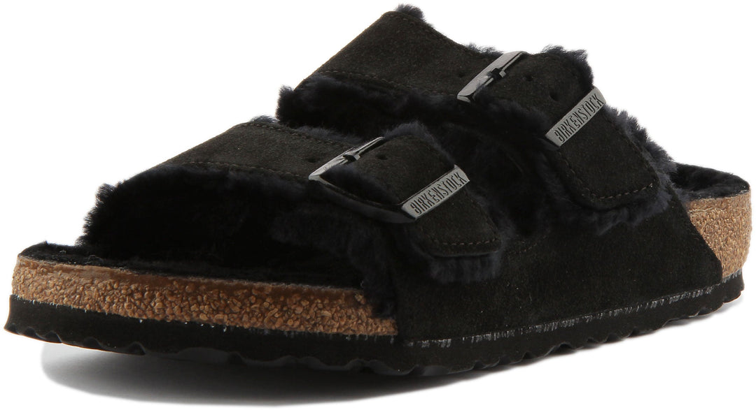 Birkenstock Arizona Shearling Sandale en daim à double lanière poure en noir