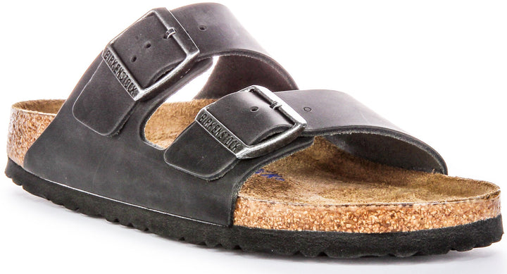 Birkenstock Arizona BS Sandales en Cuir Huilé avec Deux Brides Ajustables et Semelle en Liège Anatomique pour Femmes en Noir