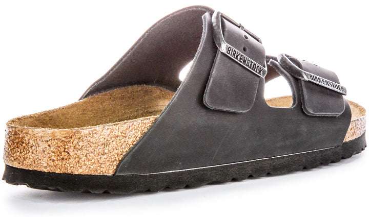 Birkenstock Arizona BS Sandales en Cuir Huilé avec Deux Brides Ajustables et Semelle en Liège Anatomique pour Femmes en Noir