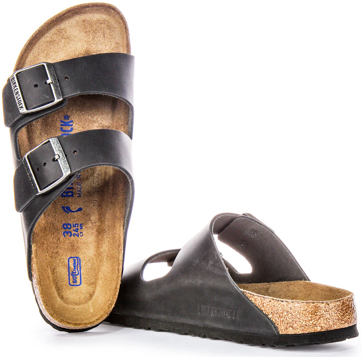 Birkenstock Arizona BS Sandales en Cuir Huilé avec Deux Brides Ajustables et Semelle en Liège Anatomique pour Femmes en Noir