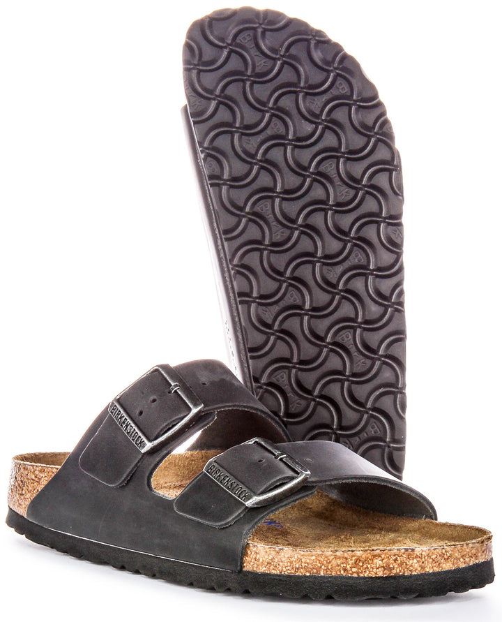 Birkenstock Arizona BS Sandales en Cuir Huilé avec Deux Brides Ajustables et Semelle en Liège Anatomique pour Femmes en Noir
