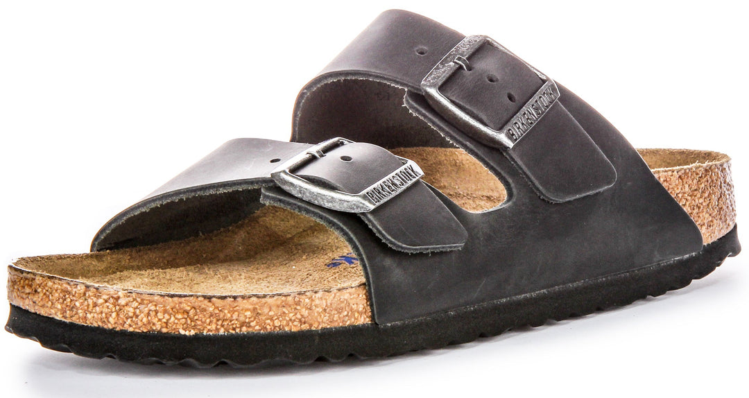 Birkenstock Arizona BS Sandales en Cuir Huilé avec Deux Brides Ajustables et Semelle en Liège Anatomique pour Femmes en Noir