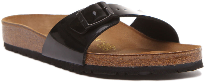 Birkenstock Madrid Sandale Birko Flor à lanière unique pour femmes en verni noir