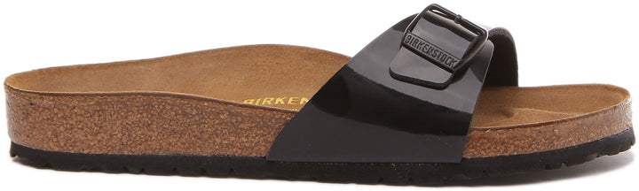 Birkenstock Madrid Sandale Birko Flor à lanière unique pour femmes en verni noir