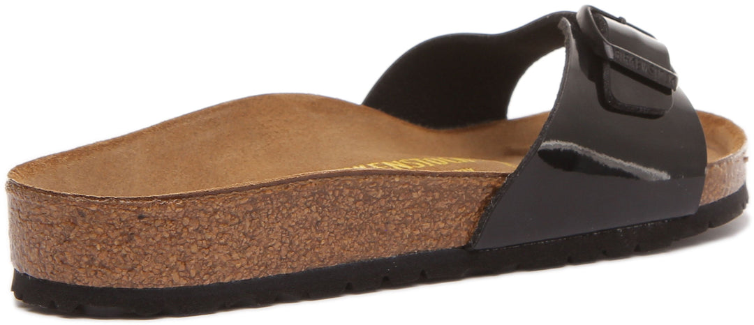 Birkenstock Madrid Sandale Birko Flor à lanière unique pour femmes en verni noir