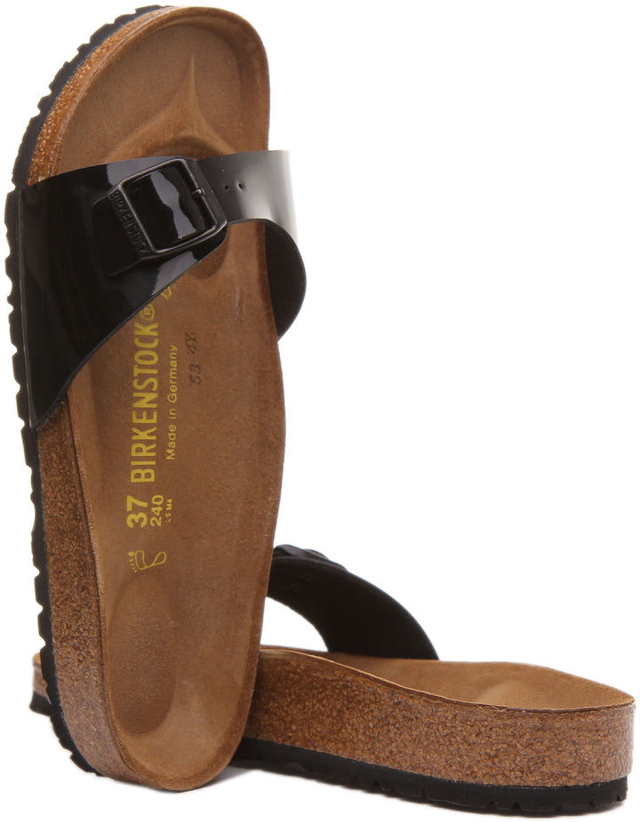 Birkenstock Madrid Sandale Birko Flor à lanière unique pour femmes en verni noir