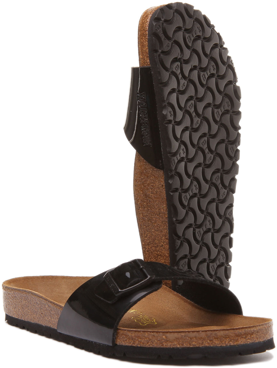 Birkenstock Madrid Sandale Birko Flor à lanière unique pour femmes en verni noir