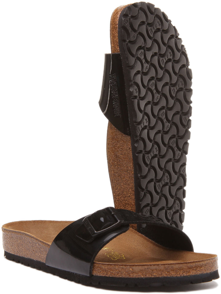 Birkenstock Madrid Sandale Birko Flor à lanière unique pour femmes en verni noir