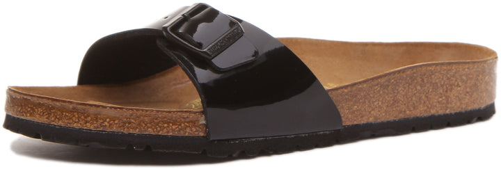 Birkenstock Madrid Sandale Birko Flor à lanière unique pour femmes en verni noir