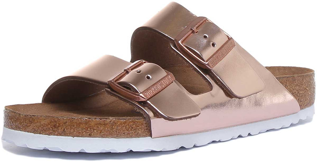 Birkenstock Arizona Sandale métallique à 2 brides avec semelle souple pour femme en cuivre
