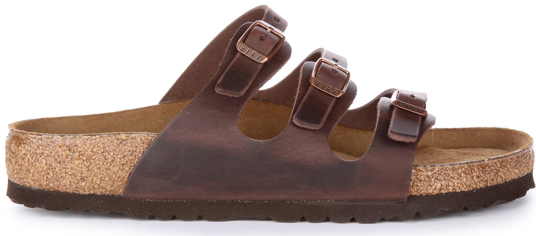 Birkenstock Florida Sandale en cuir huilé à trois lanières poure en brun foncé