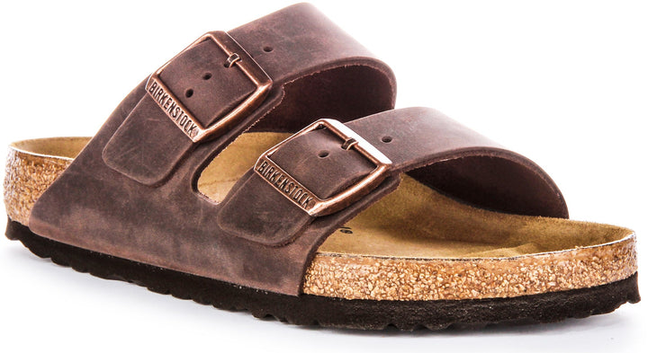 Birkenstock Arizona BS Sandales en Cuir Huilé avec Deux Brides Ajustables et Semelle en Liège Anatomique pour Femmes en Marron Foncé