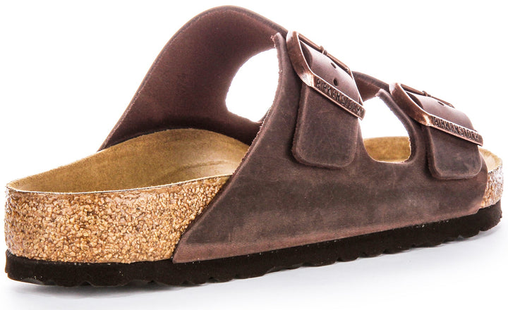 Birkenstock Arizona BS Sandales en Cuir Huilé avec Deux Brides Ajustables et Semelle en Liège Anatomique pour Femmes en Marron Foncé