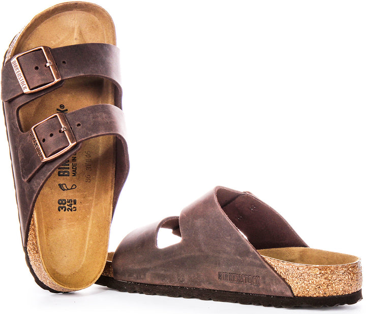 Birkenstock Arizona BS Sandales en Cuir Huilé avec Deux Brides Ajustables et Semelle en Liège Anatomique pour Femmes en Marron Foncé