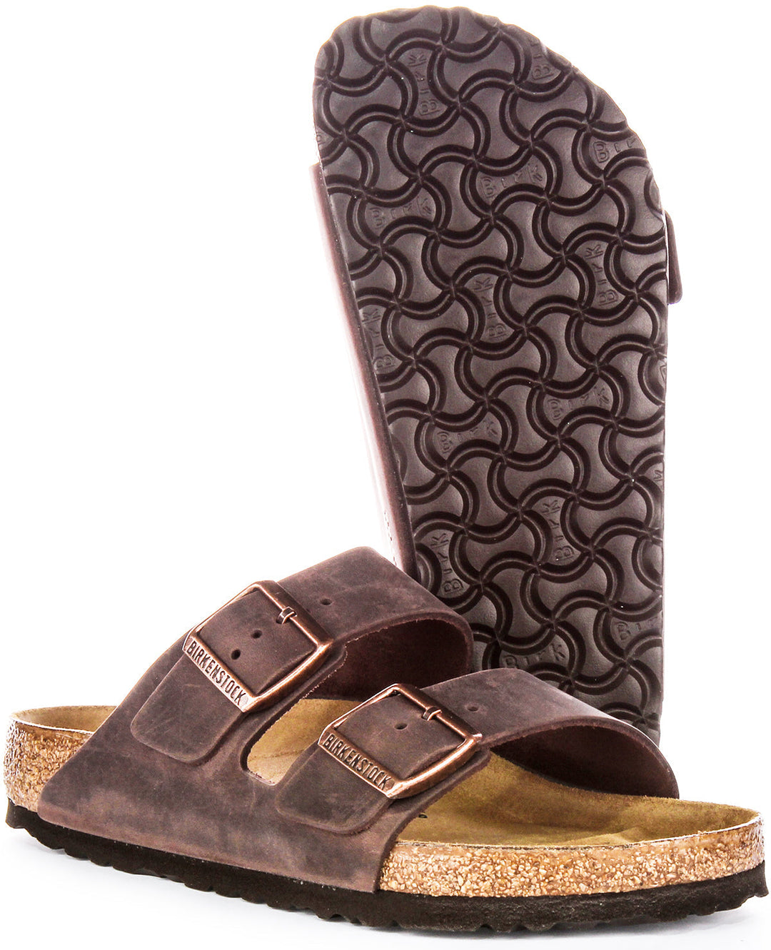 Birkenstock Arizona BS Sandales en Cuir Huilé avec Deux Brides Ajustables et Semelle en Liège Anatomique pour Femmes en Marron Foncé