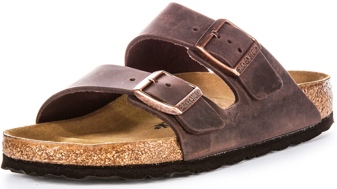 Birkenstock Arizona BS Sandales en Cuir Huilé avec Deux Brides Ajustables et Semelle en Liège Anatomique pour Femmes en Marron Foncé