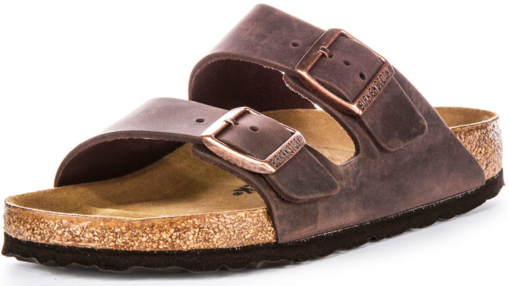 Birkenstock Arizona BS Sandales en Cuir Huilé avec Deux Brides Ajustables et Semelle en Liège Anatomique pour Femmes en Marron Foncé
