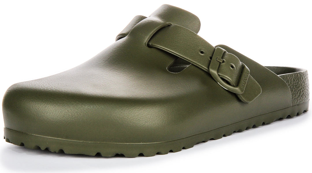 Birkenstock Boston EVA Sabots en Caoutchouc EVA de Haute Qualité et Neutre en Odeur Kaki