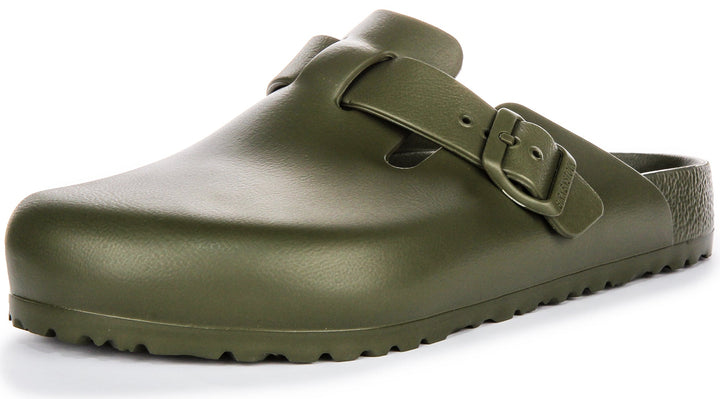 Birkenstock Boston EVA Sabots en Caoutchouc EVA de Haute Qualité et Neutre en Odeur Kaki