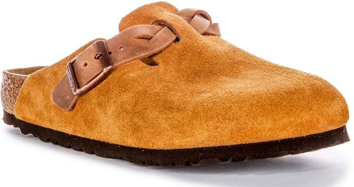 Birkenstock Boston Braided Elegant Pin Sandales Élégantes en Cuir Suédé Mink
