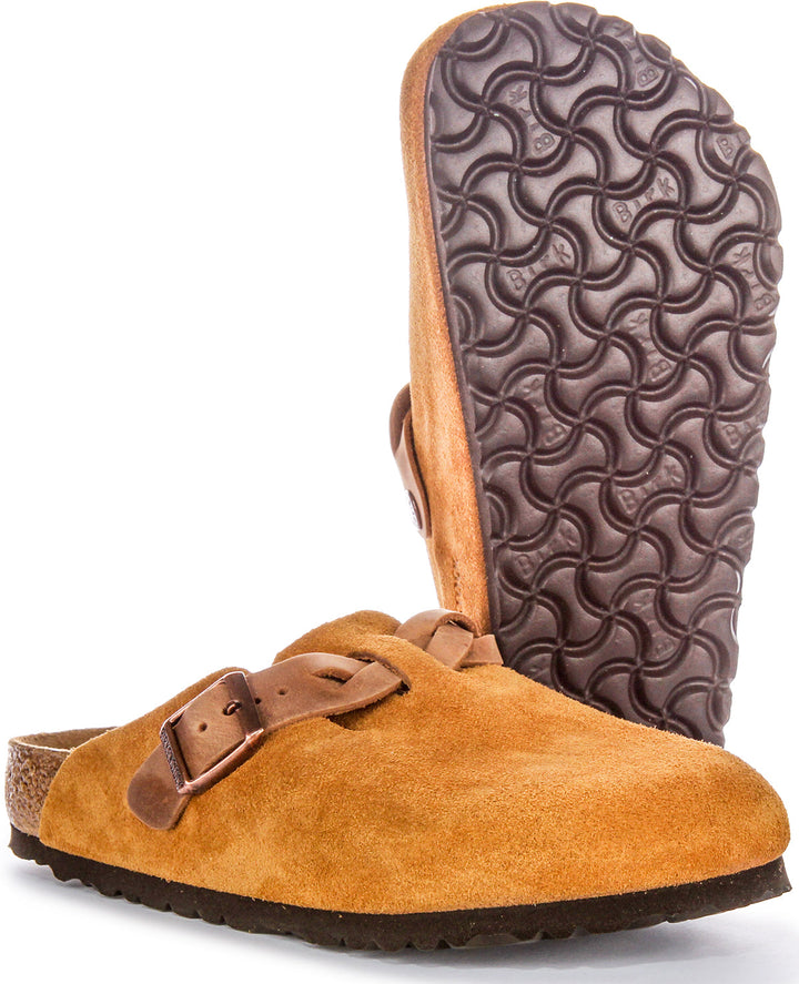 Birkenstock Boston Braided Elegant Pin Sandales Élégantes en Cuir Suédé Mink