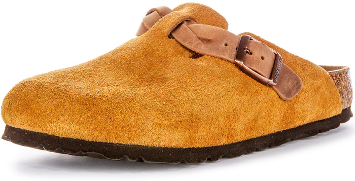 Birkenstock Boston Braided Elegant Pin Sandales Élégantes en Cuir Suédé Mink