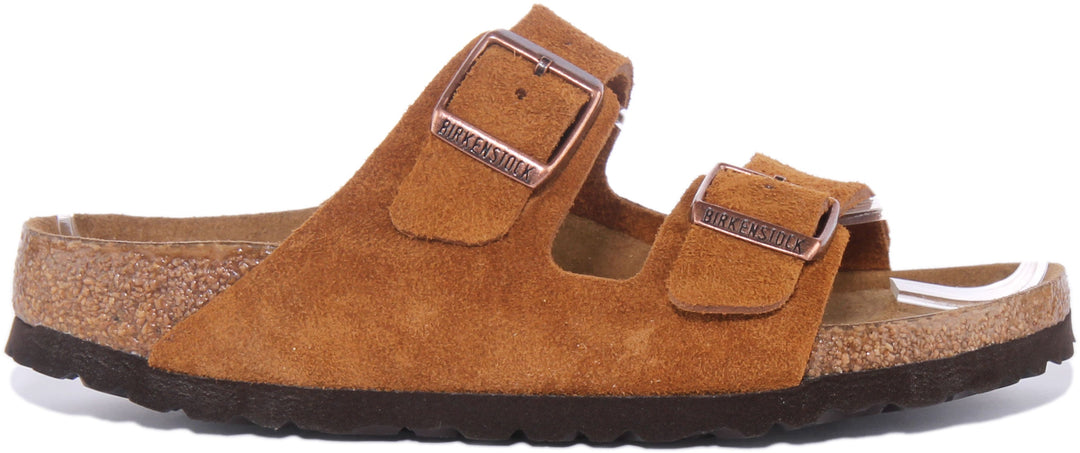 Birkenstock Arizona SBF Sandale en cuir suédé à 2 lanières pour femmes en tan