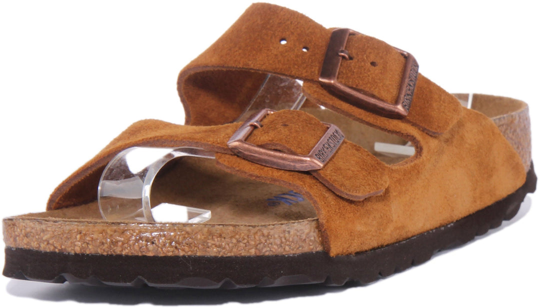 Birkenstock Arizona SBF Sandale en cuir suédé à 2 lanières pour femmes en tan