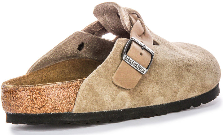 Birkenstock Boston Braided Elegant Pin Sandales Élégantes en Cuir Suédé Taupe