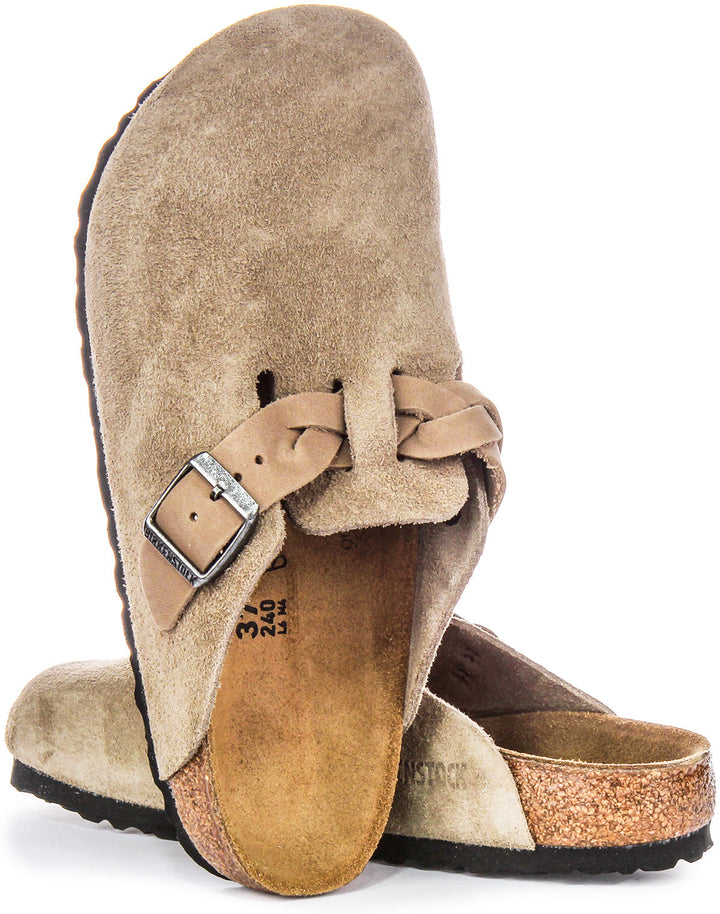 Birkenstock Boston Braided Elegant Pin Sandales Élégantes en Cuir Suédé Taupe