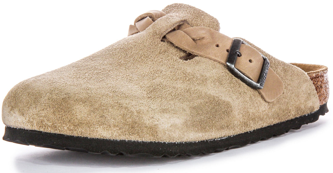 Birkenstock Boston Braided Elegant Pin Sandales Élégantes en Cuir Suédé Taupe