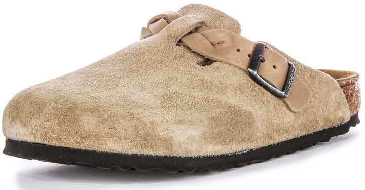 Birkenstock Boston Braided Elegant Pin Sandales Élégantes en Cuir Suédé Taupe