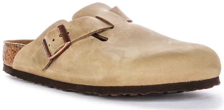 Birkenstock Boston BS Sabot à Grande Boucle Élégante en Cuir Huilé en Tabac