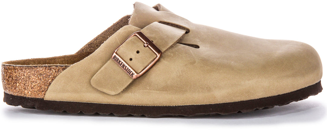Birkenstock Boston BS Sabot à Grande Boucle Élégante en Cuir Huilé en Tabac