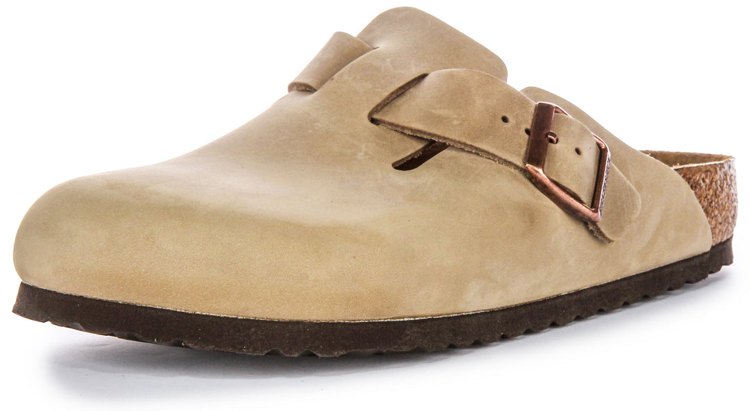 Birkenstock Boston BS Sabot à Grande Boucle Élégante en Cuir Huilé en Tabac